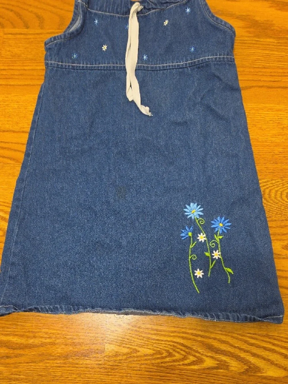 Girls' Dark Blue Denim Spaghetti-Strap Dress with Floral Embroidery Size (8-10)